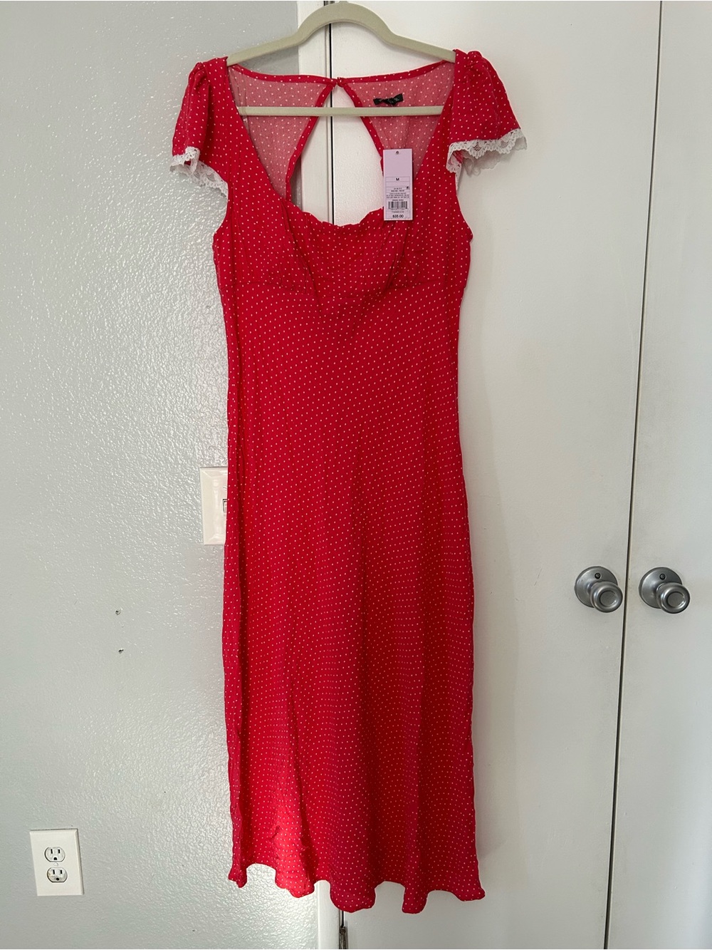 Target Red Polka Dot Midi Dress with Lace Sleeve Trim